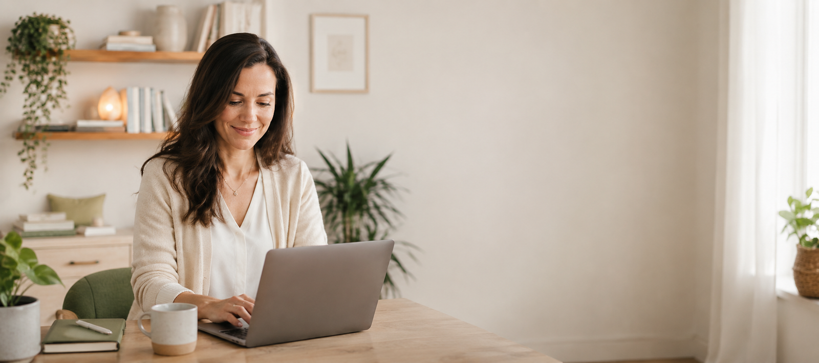 Profissional trabalhando no notebook com organização e tranquilidade